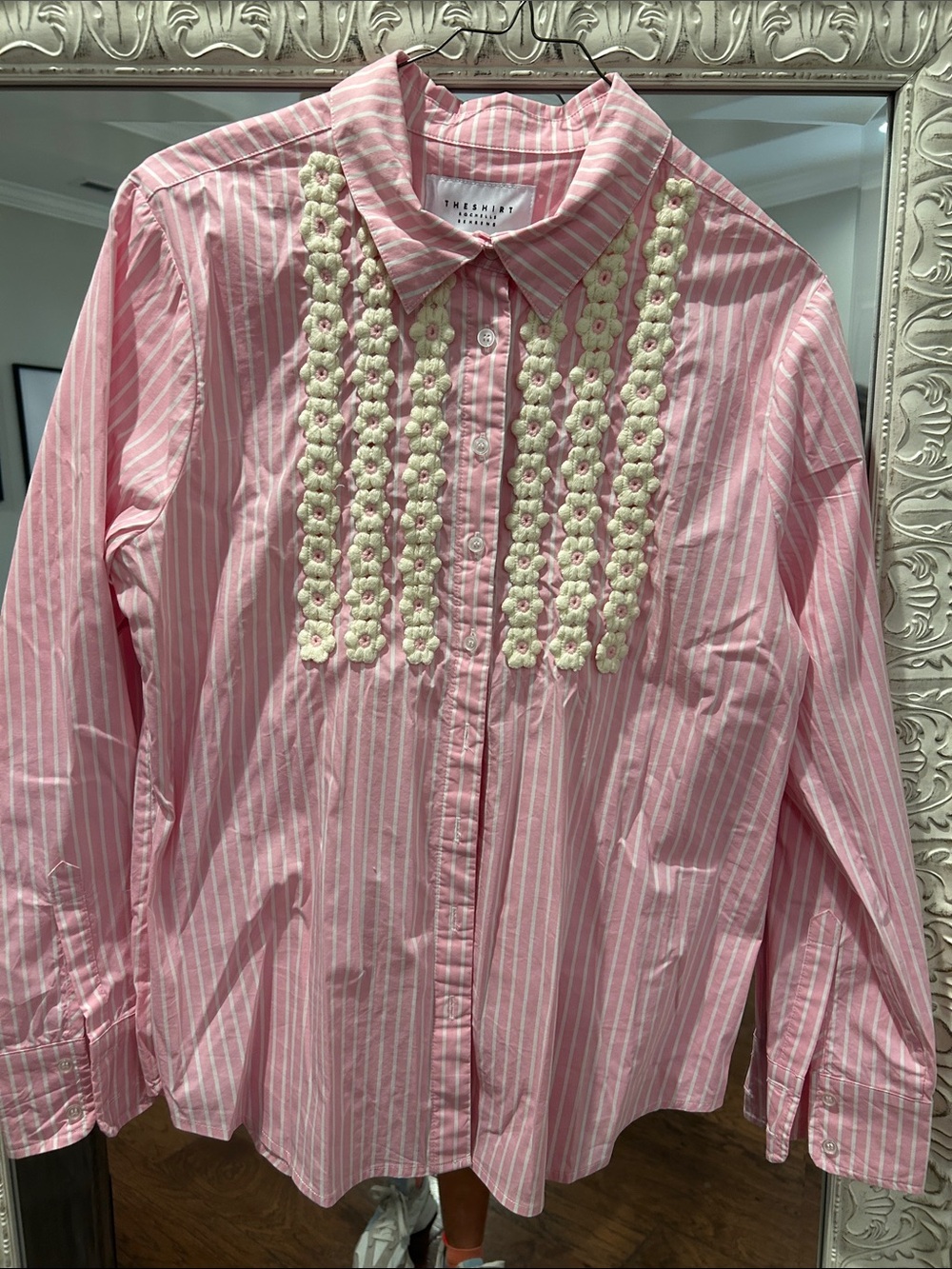 Pink Striped Button-Up Top with Ivory Floral Trim -
